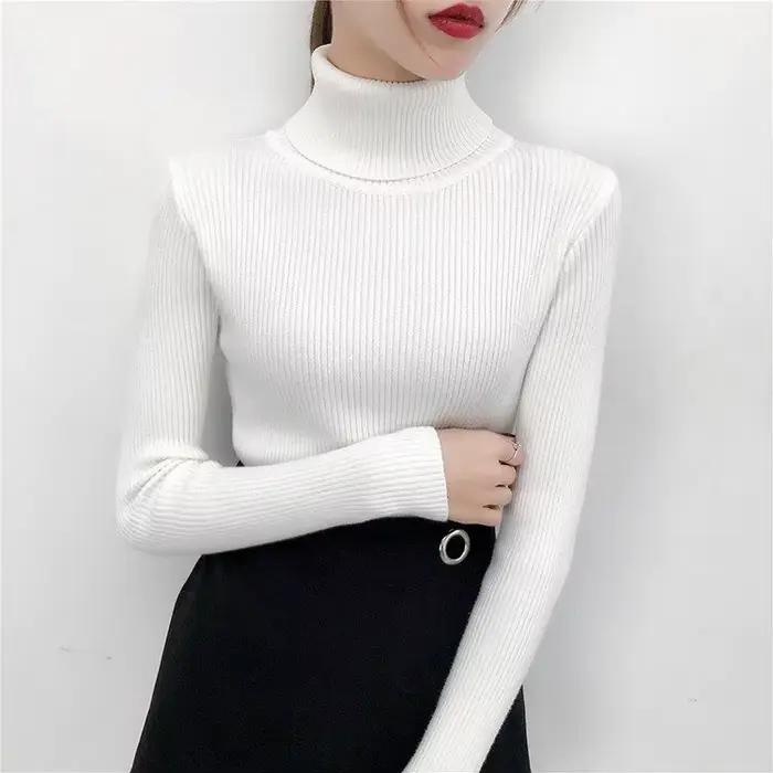 Pull-over tricoté pour femme, col roulé, manches longues, coupe ajustée, doux et chaud, style Y2K, c