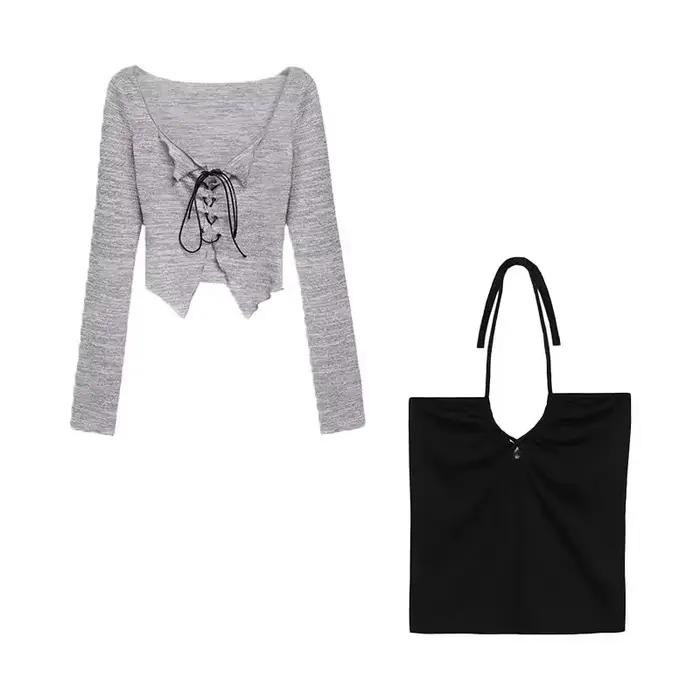 Ensemble deux pièces coréen Cardigan à lacets avec camisole pour femmes, Sexy, Slim, court, manches 
