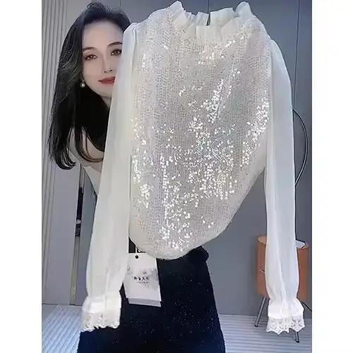 Chemise à paillettes pour femmes, col montant, manches bouffantes, poignets en dentelle
