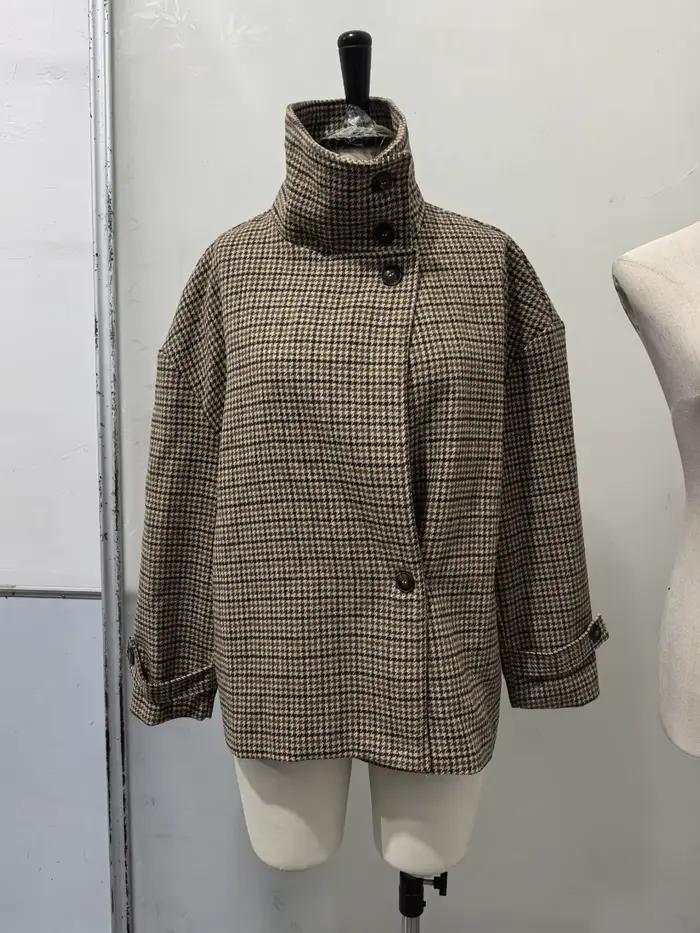 Col roulé court manteau à carreaux femmes mode Double boutonnage à manches longues vêtements d'extér
