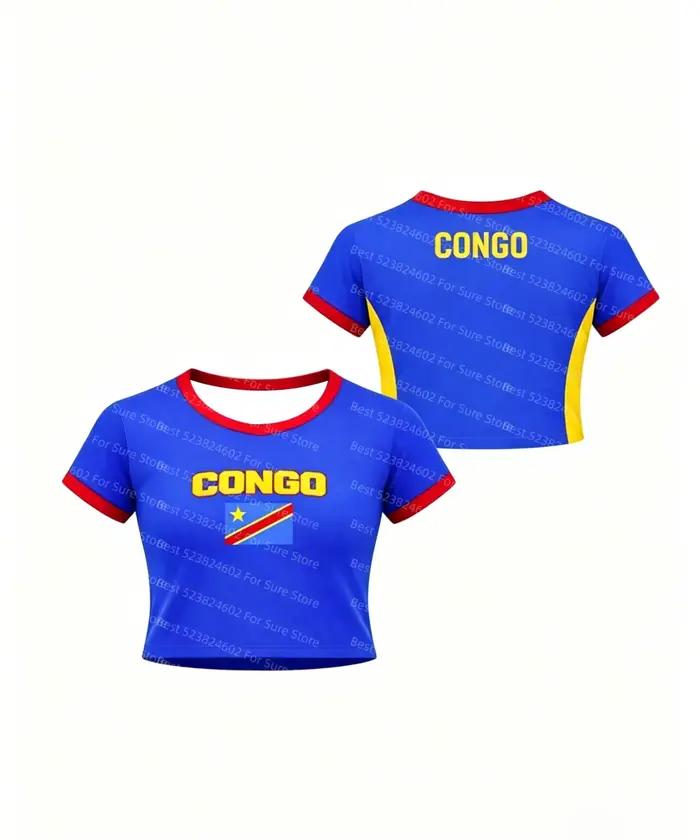 T-shirt court à manches courtes pour femme, motif drapeau du Congo, style Ringer, fierté congolaise,