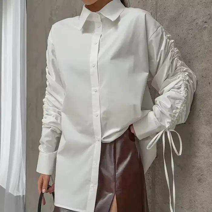 T-shirt blanc en coton pour femmes, haut irrégulier, élégant, manches longues, cordon de serrage, mo
