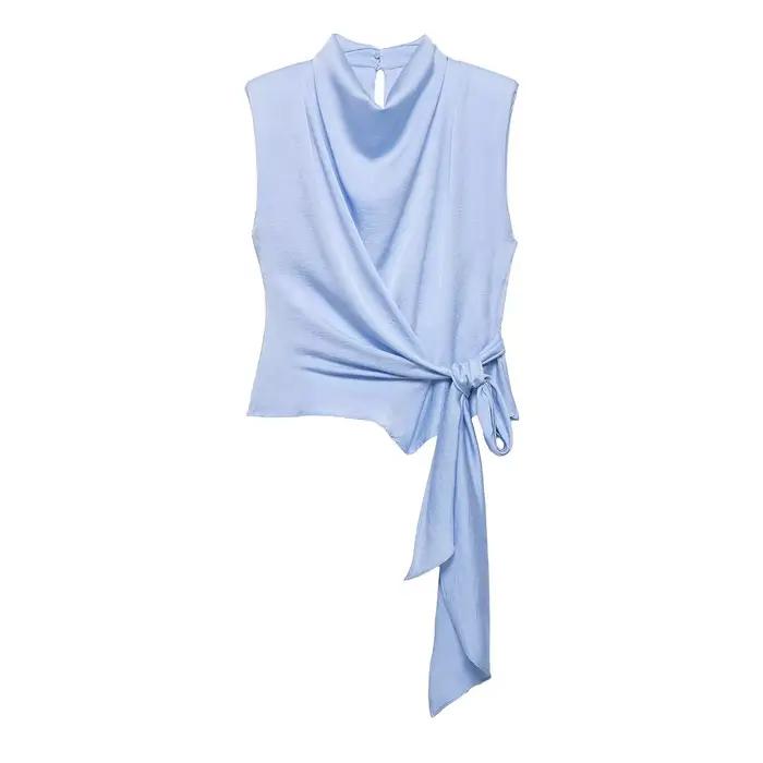 Haut en satin pour femme avec nœud, nouvelle collection Printemps-Été 2026, mode chic, col montant, 