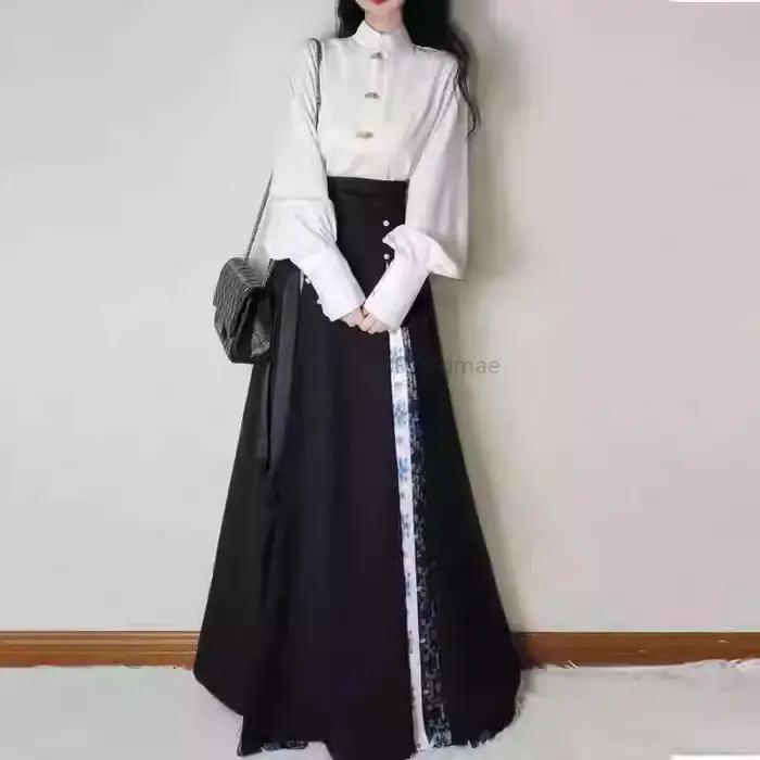 Hanfu Style féminin chanson améliorer hauts jupe trois plis trajet quotidien éléments Han blanc noir