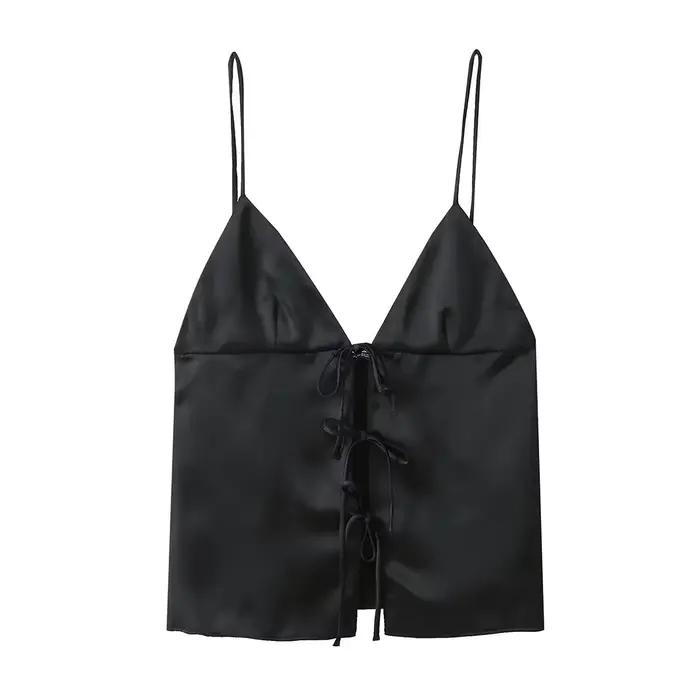 HH Sexy femmes Chic nœud décoré soie Satin texturé haut à la mode col en v Satin Camisole femmes été