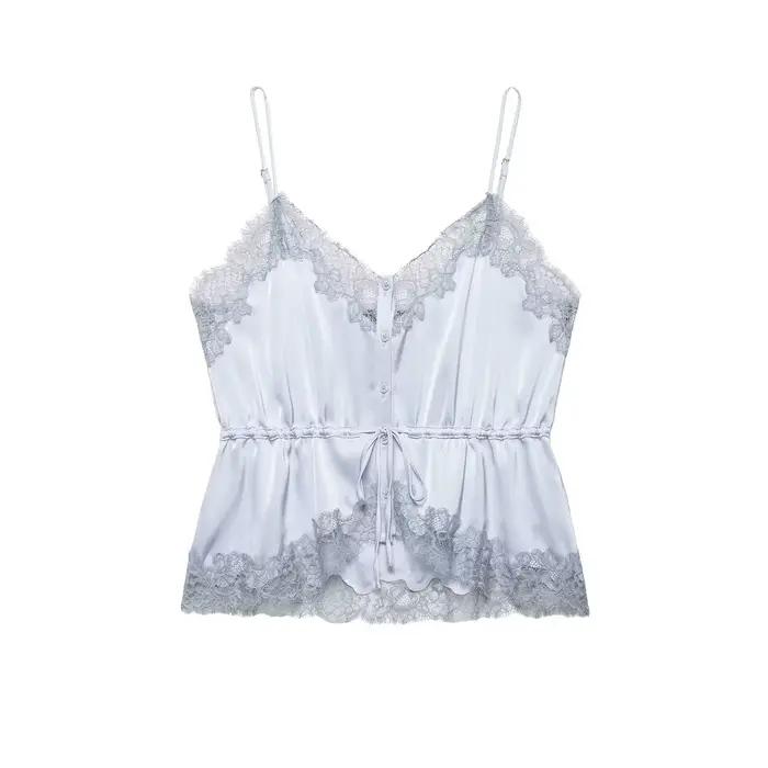 Débardeur en satin patchwork dentelle pour femme, style européen et américain, ajustable à la taille