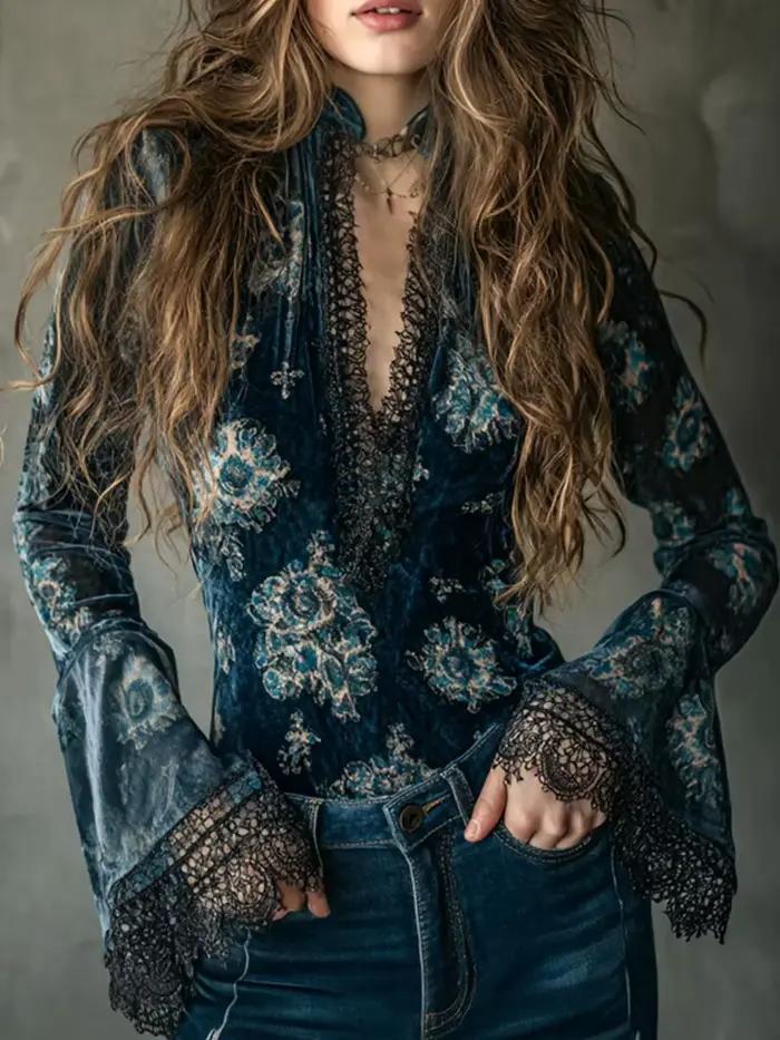Vintage dentelle col en v Blouse hauts manches évasées imprimé fleuri mince velours printemps automn