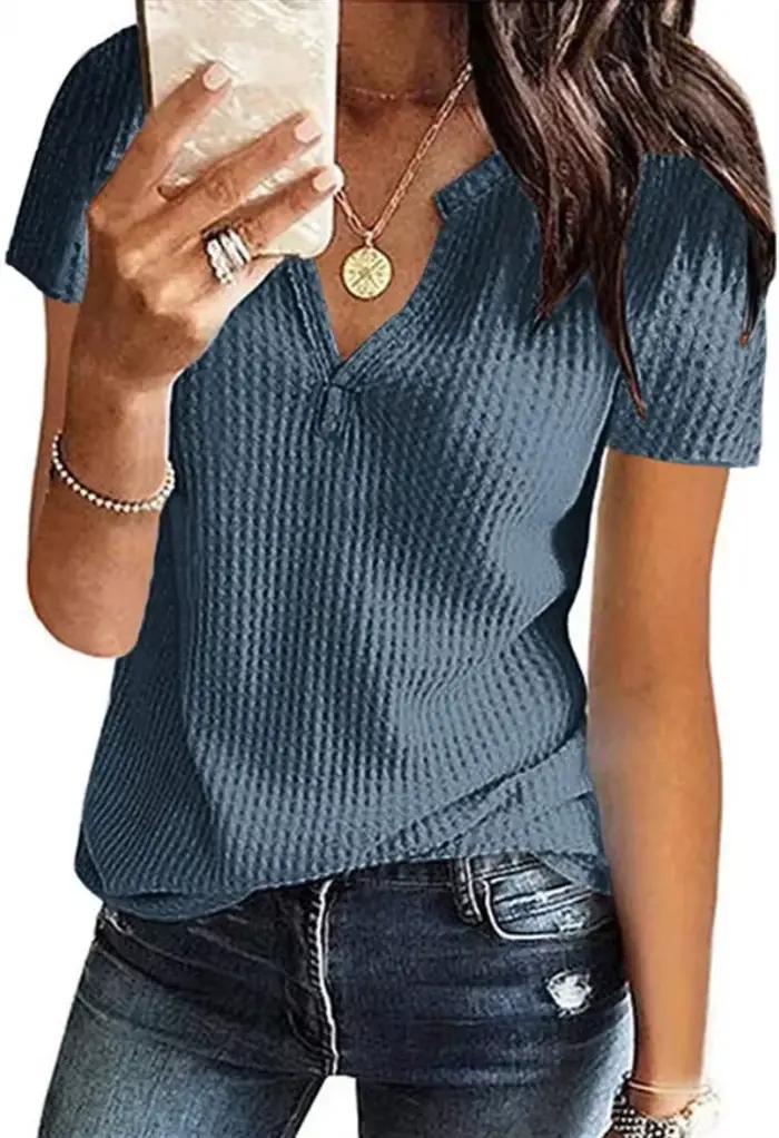 T-shirt manches courtes col en v pour femme, couleur Pure, motif gaufré, matériau en Nylon de qualit
