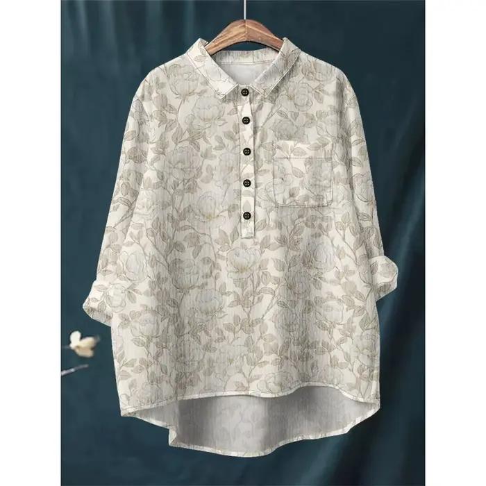 Chemisier élégant à imprimé Floral pour femmes, chemise à manches longues, demi-boutonné avec ourlet