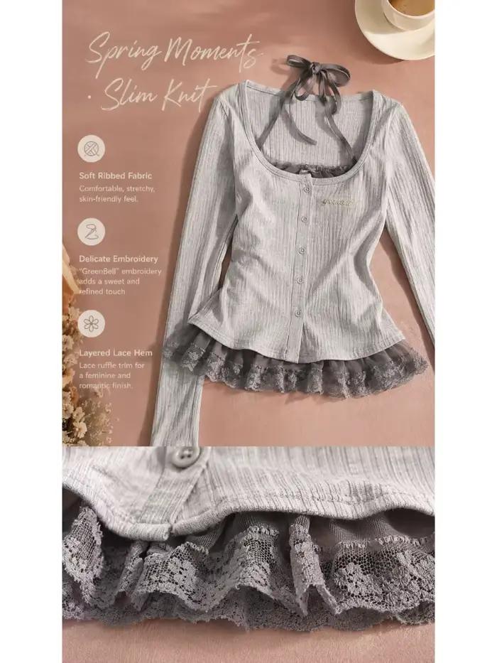 Haut sexy coquette grande taille pour femme, faux deux pièces, manches longues, dentelle, volants, d