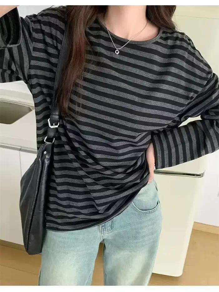 T-shirt rayé à manches longues et col rond pour Femme, haut surdimensionné, décontracté, Streetwear,