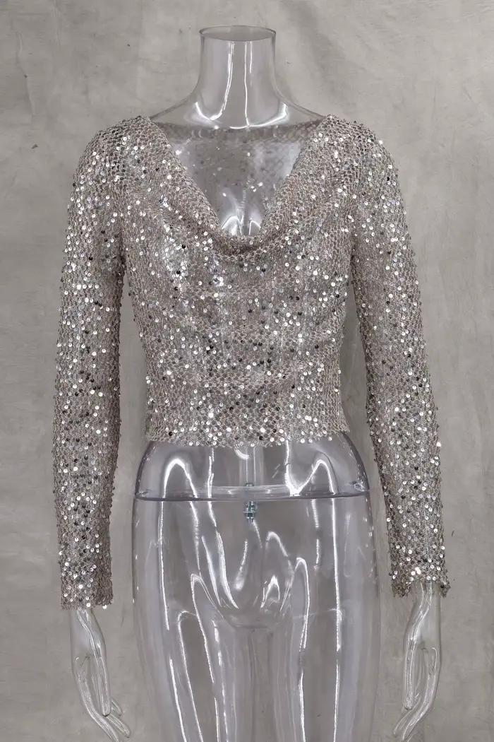 Tops d'été pour femmes en maille de pêche à paillettes kaki, à porter des deux côtés, sexy, manches 