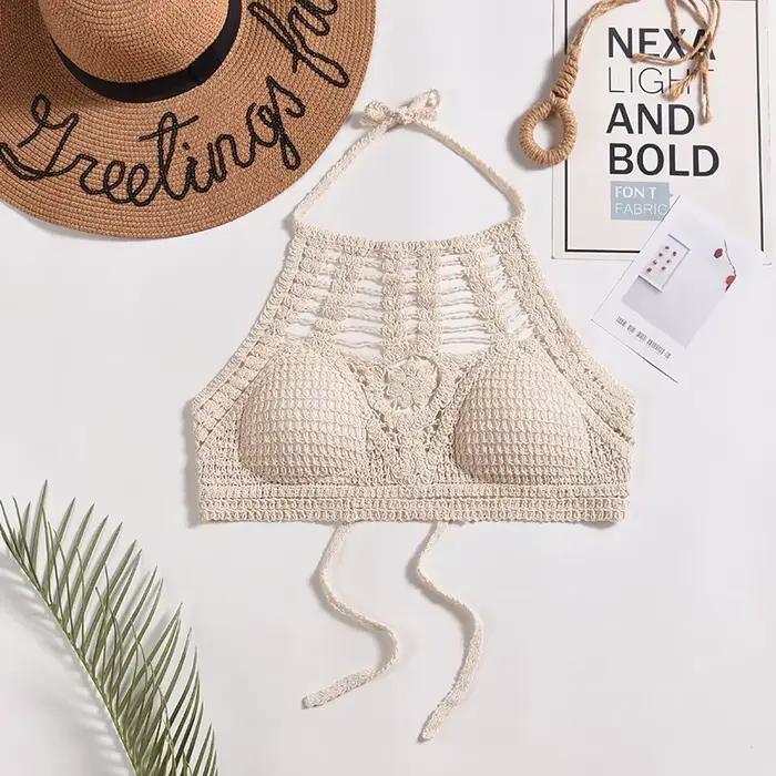 Haut court en tricot dos nu pour femme, style ethnique bohème, sexy, léger, amissié, crochet, glands