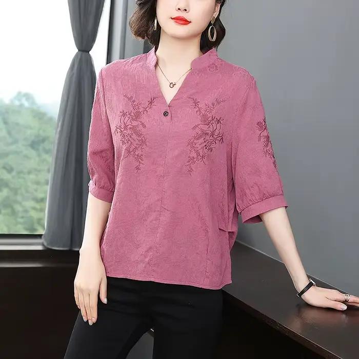 Haut en pur coton pour femmes, T-shirt ample à manches mi-longues brodé de Style chinois, nouvelle c
