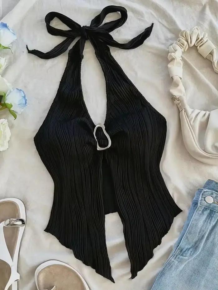 Haut court Sexy à col en v pour femmes, col licou, sans manches, couleur unie, dos nu, vêtements Y2K