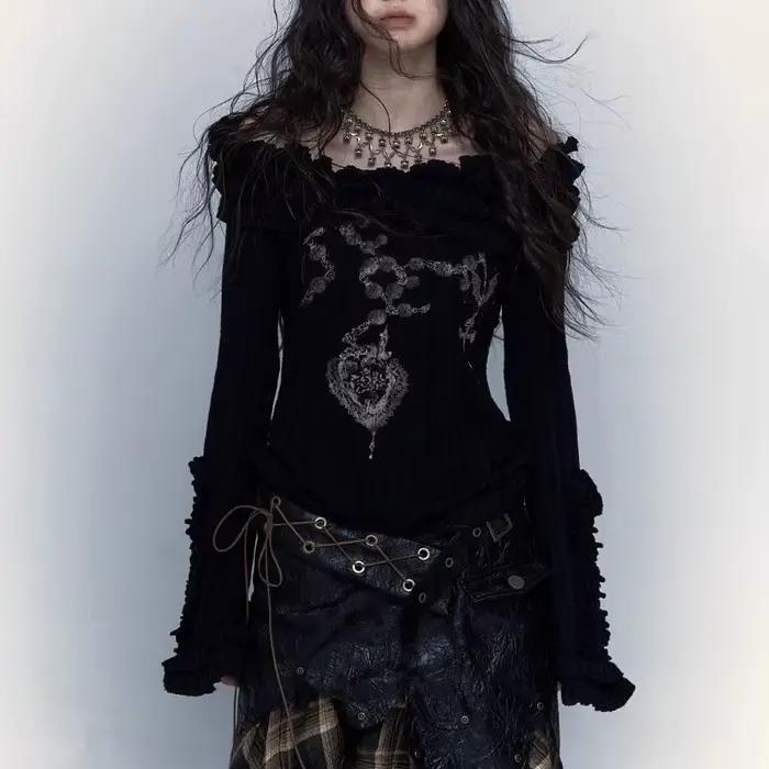 T-shirt noir à épaules dénudées pour femmes, Vintage, Harajuku, manches longues, Punk, pull en trico