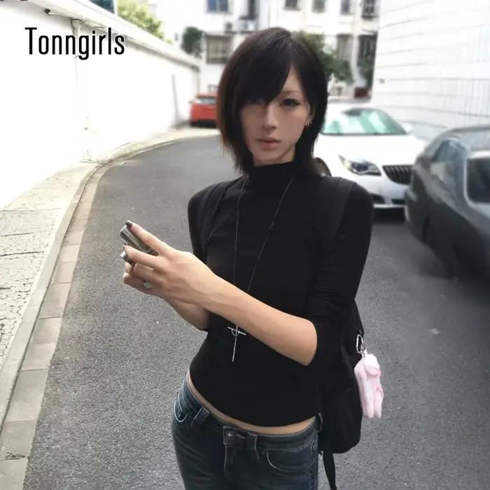 Tonngirls Y2k T-shirt japonais femmes à manches longues noir demi col roulé T-shirt hauts Vintage St