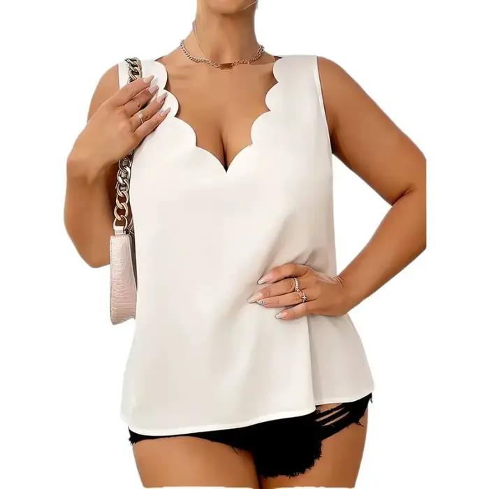 Débardeur Chic Grande Taille pour Femme – Col V Festonné, Couleur Unie, Coupe Ample, Élégant, Printe