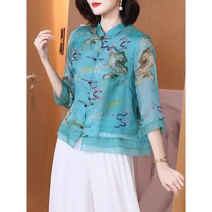Haut en mousseline de soie pour femmes, costume Tang de Style chinois, nouveau Style, col montant et