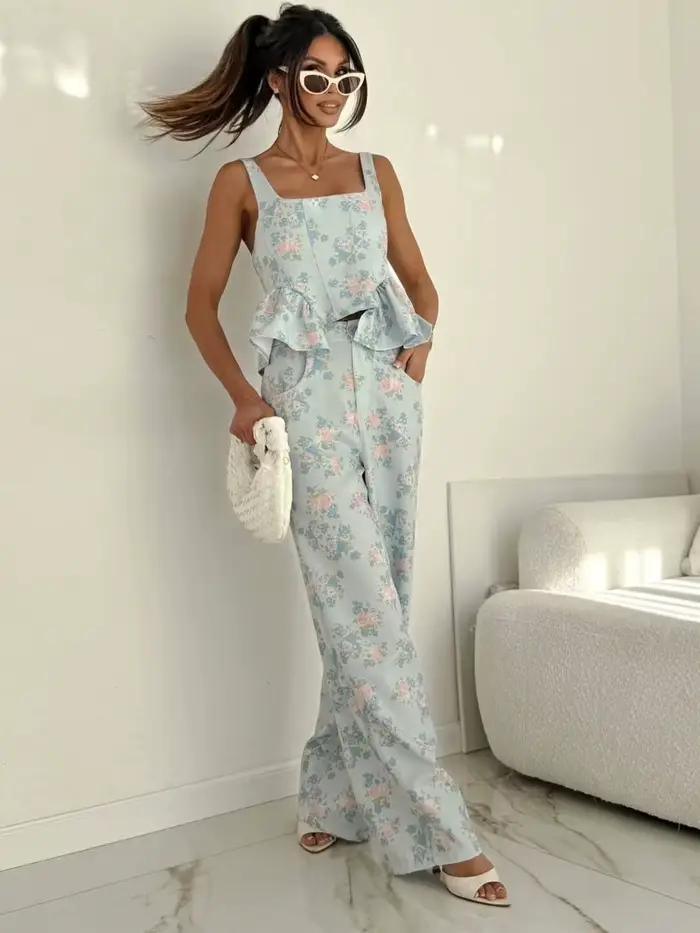 Ensembles de pantalons pour femmes ​ Ensemble assorti peplum : Gilet imprimé floral sans manches et 