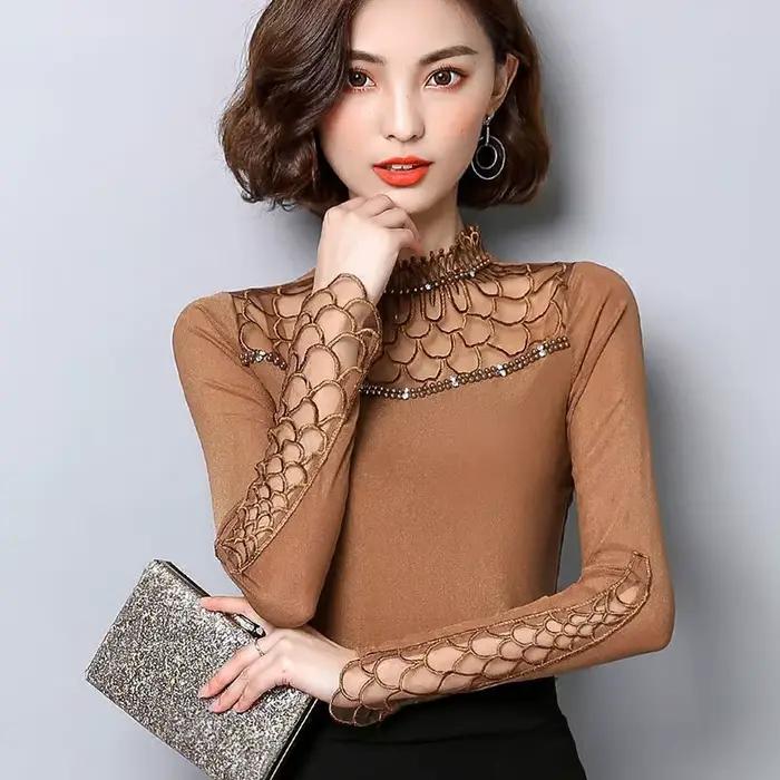 Chemise à manches longues pour femmes, chemisier tendance, chemisier à découpes en dentelle, haut él