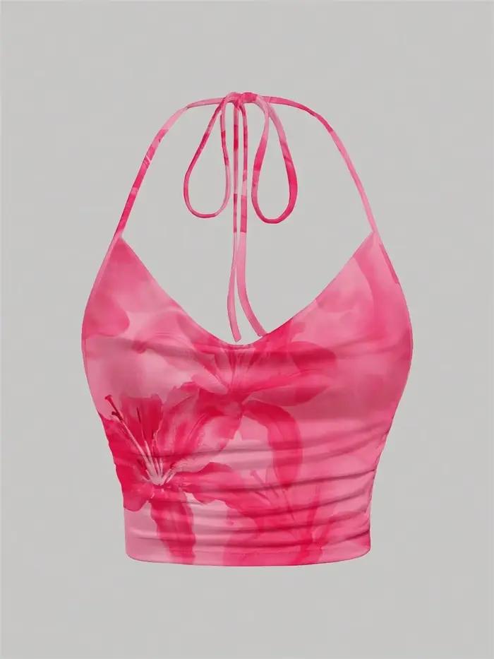 Haut à licou imprimé Tie-dye pour femmes, vêtements d'été Y2K, Sexy, dos nu, drapé, col en v, haut c