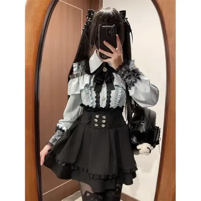 Ensemble deux pièces Yami Kawaii – Chemisier en dentelle et mini jupe, haut court gothique sexy Loli