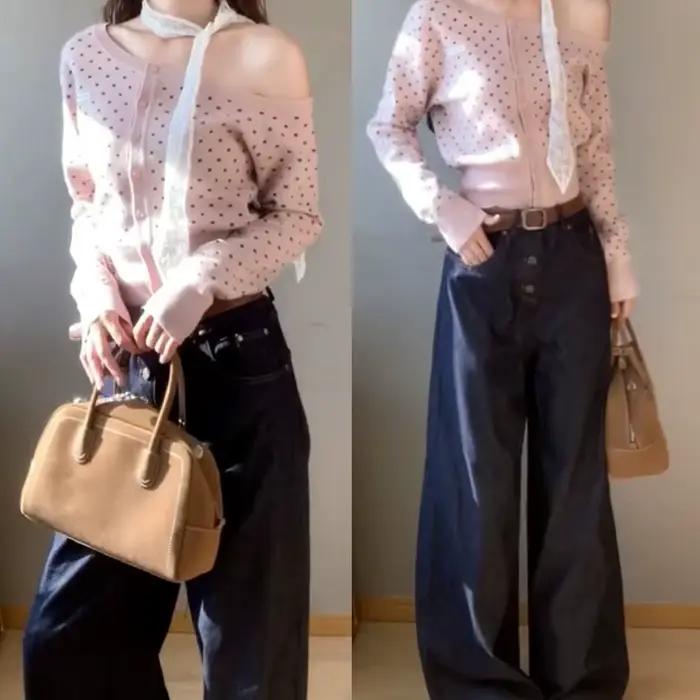 Cardigan en tricot rose à pois à manches longues et épaules dénudées pour femme, nouvelle collection