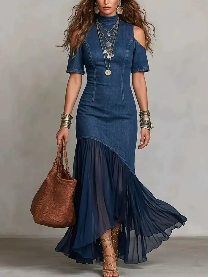 Robe de soirée d'été chic en jean à col montant pour femme, manches courtes, maxi, avec empiècements