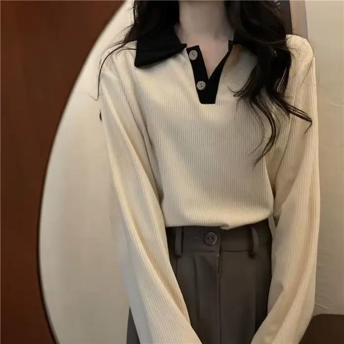 Haut décontracté à col Polo pour femmes, chemise ample et Slim à manches longues à revers, automne