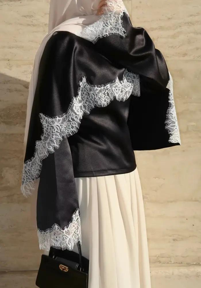 Blouse pour femme, faux deux pièces, patchwork de dentelle, col rond, manches évasées, style Eid mus