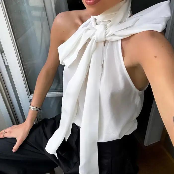 Haut en mousseline à col suspendu pour femme, nouvelle collection été 2026, style basique pour le qu