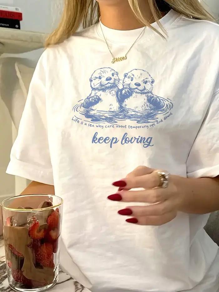 T-Shirt à manches longues pour femmes, mignon Couple de loutre, avec motif d'ondulation d'eau bleue,