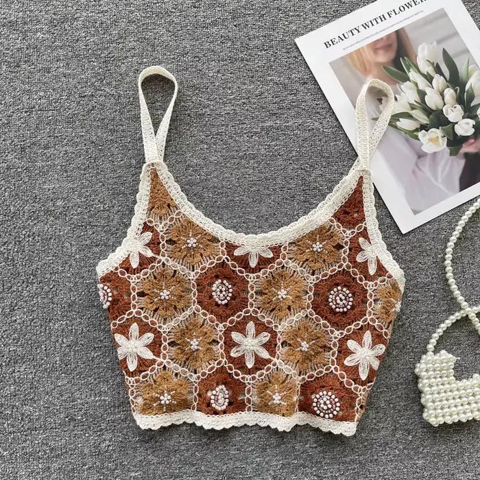 Haut court sans manches en Crochet pour femmes, broderie florale, à lacets, plage, douce, pour fille