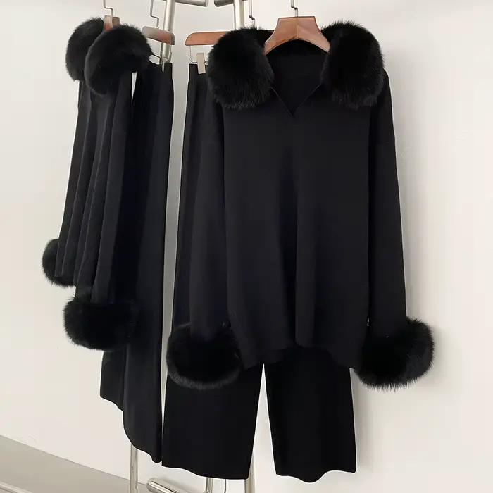 Pull col en vraie fourrure de renard nouveau automne hiver vêtements femmes mode pull costume femme 