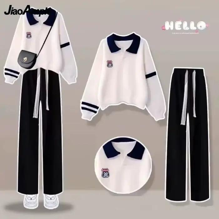 2025 printemps nouveau Polo pull + sport décontracté pantalon à jambes larges deux pièces femme surv