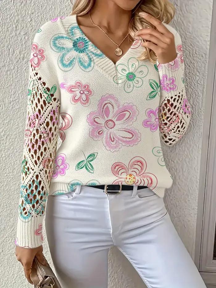 Haut tricoté pour femme, motif floral color-block vintage, imprimé non positionné, style bohème, col