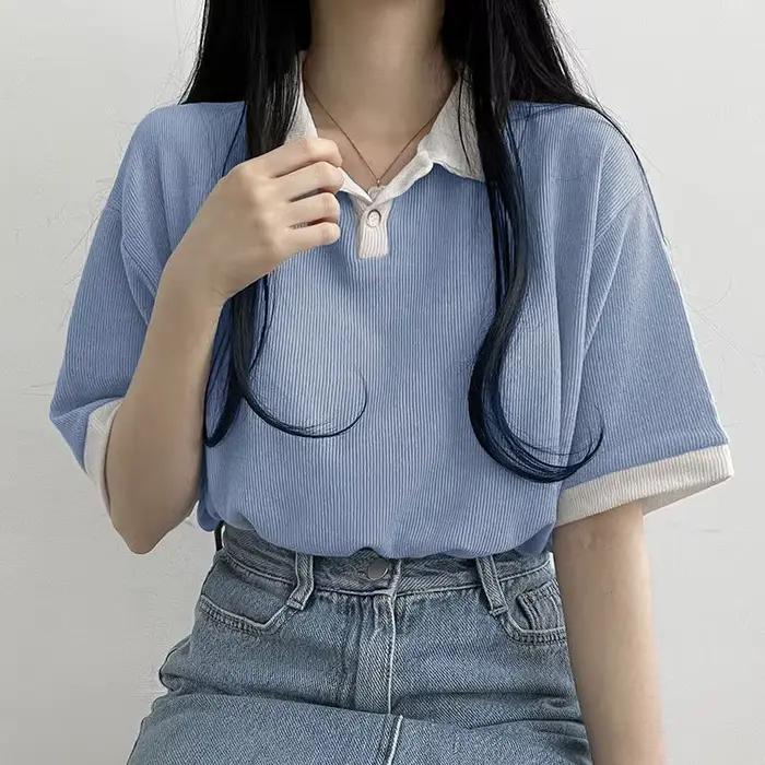 Printemps été automne décontracté Polo T-Shirt femme pull mode femmes Blouse Simple Style Preppy étu