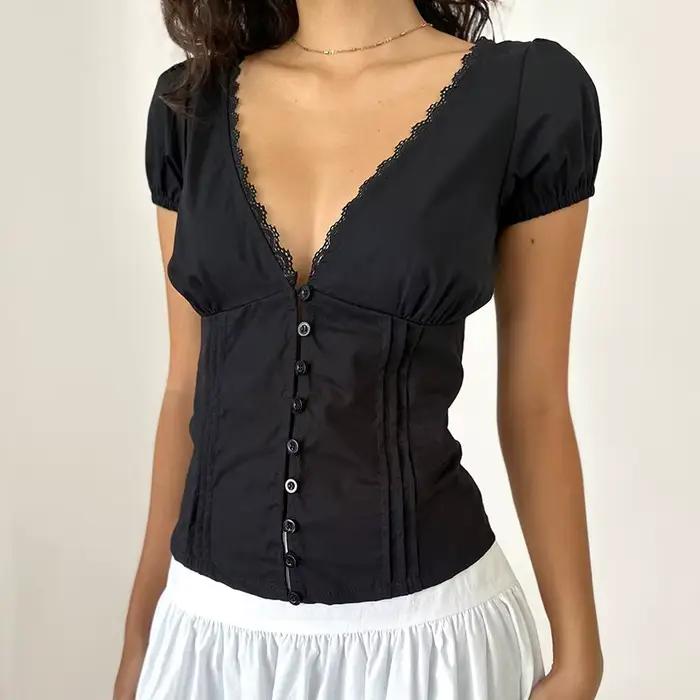 Maemukilabe Style français dentelle garniture culture hauts femmes col en V boutonné Milkmaid Blouse