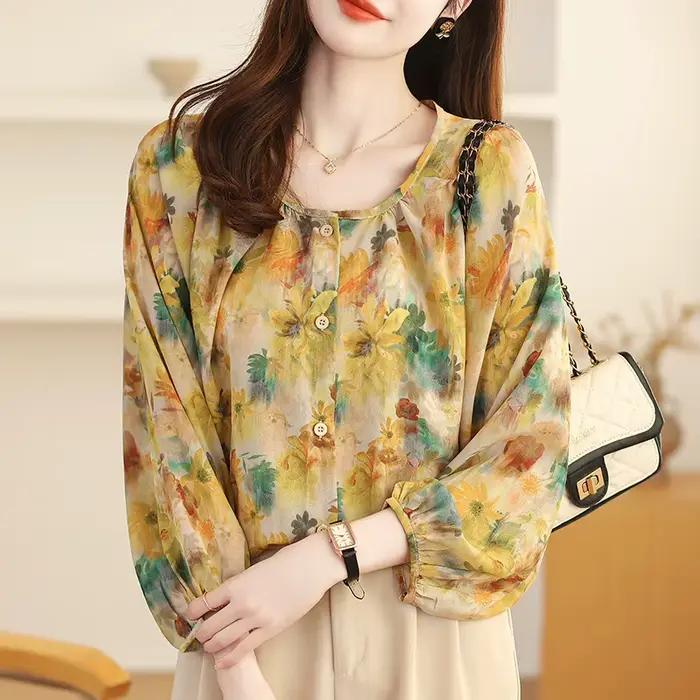 Haut en mousseline de soie imprimé pour femmes, chemise ample en soie, haut de gamme, à la mode, col