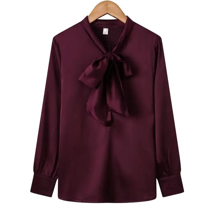 Chemise élégante unie en soie, col papillon, haut de bureau féminin, chemisier intellectuel à manche