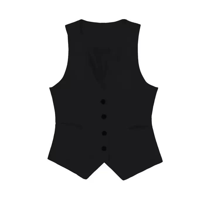 Gilet de costume noir et blanc ajusté à col en V pour femme – Idéal pour le bureau, le quotidien, le
