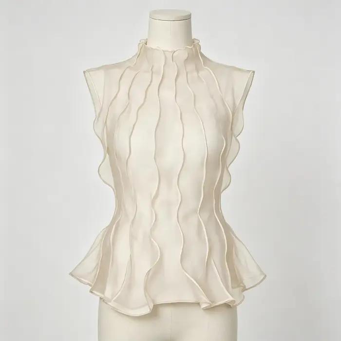 LIMO 2026 Nouvelle Blouse Femme en Organza Transparent Sans Manches Col Montant Volants Peplum Haut 