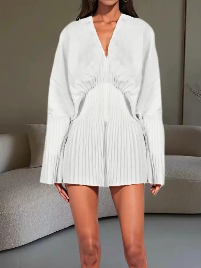 Chemise blanche avec taille plissée, pull évasé à manches longues et col en v, nouveau Style printem