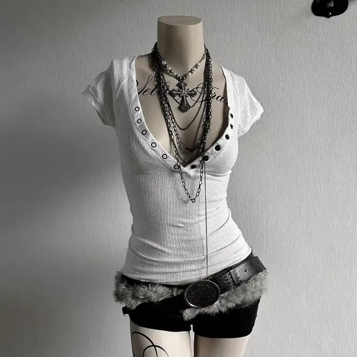 Mode Punk Y2k haut court couleur unie Vintage Harajuku bouton bébé T-shirt Streetwear Rock Goth Uniq