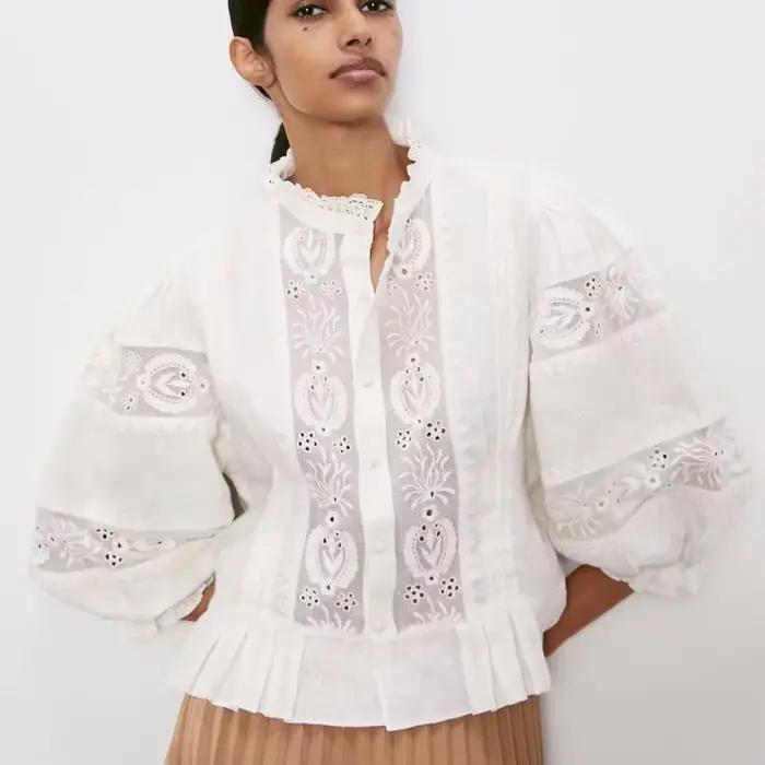 TEELYNN chemises en dentelle blanche femmes 2025 coton broderie florale Blouses d'été manches bouffa