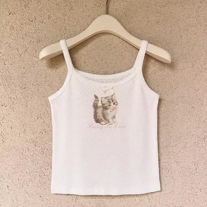 Camisole en coton avec nœud rose pour femme, haut court avec imprimé chat, style Lolita, vêtements K