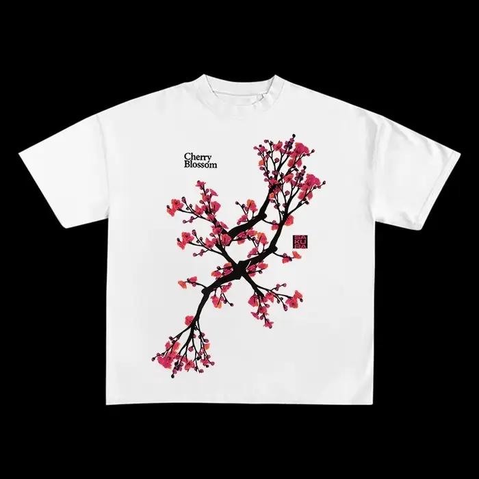 T-shirt à fleurs de cerisier pour femmes et hommes, décontracté, en coton, à manches courtes, imprim