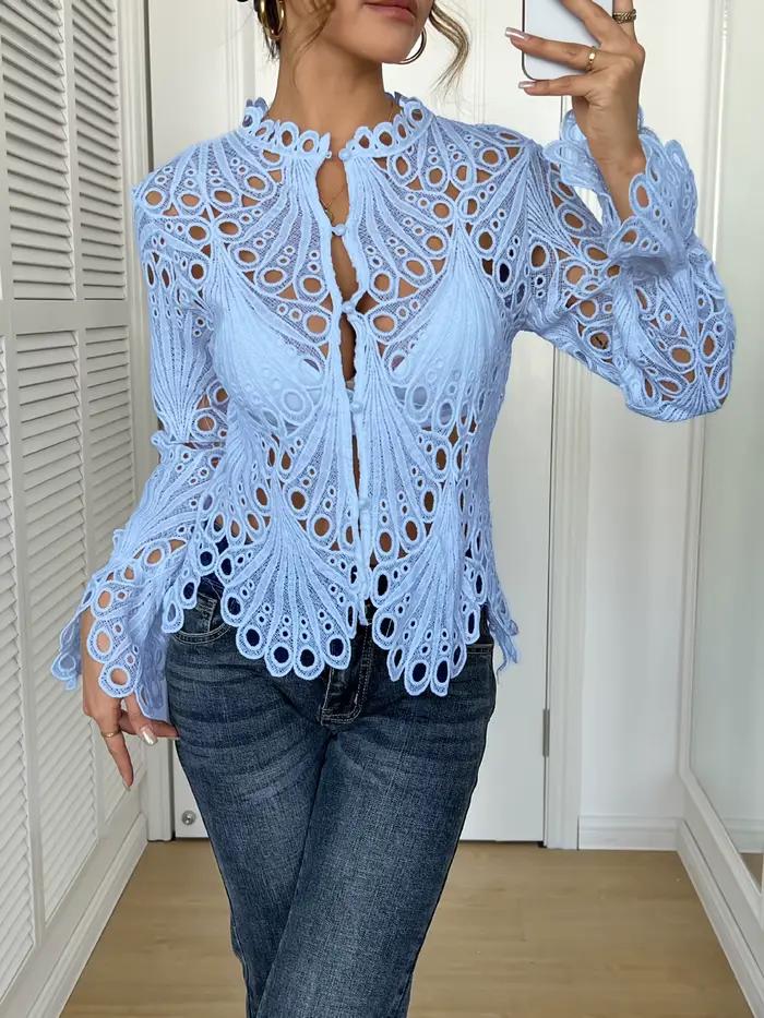Chemise en dentelle blanche pour femmes, mode, manches longues, col rond, crochet, fleur creuse, des