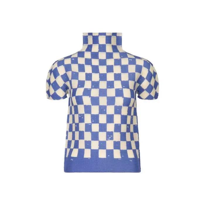 LANMREM plissé à manches courtes femmes T-shirt 2025 nouveau haute qualité Plaid imprimé pull col mo
